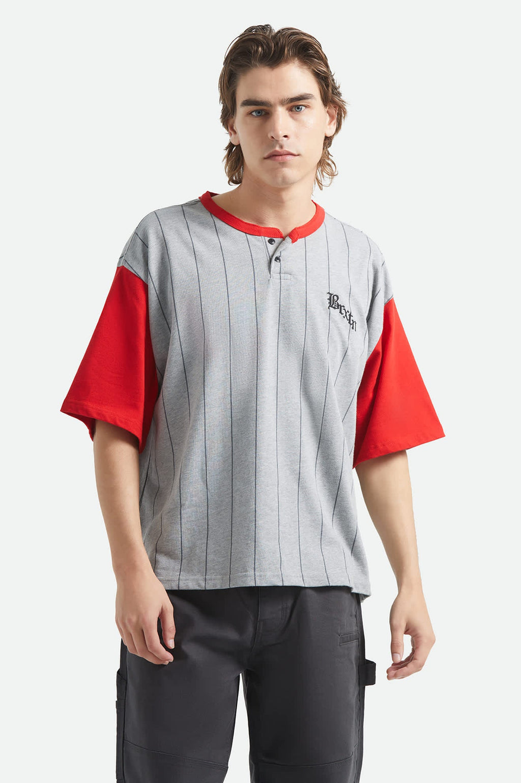 Boxy Short Sleeve Baseball T-Shirt - Heather Grey/Adrenaline Rush